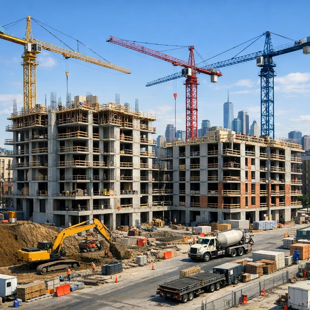 Multi-family buildings under construction in a city setting
