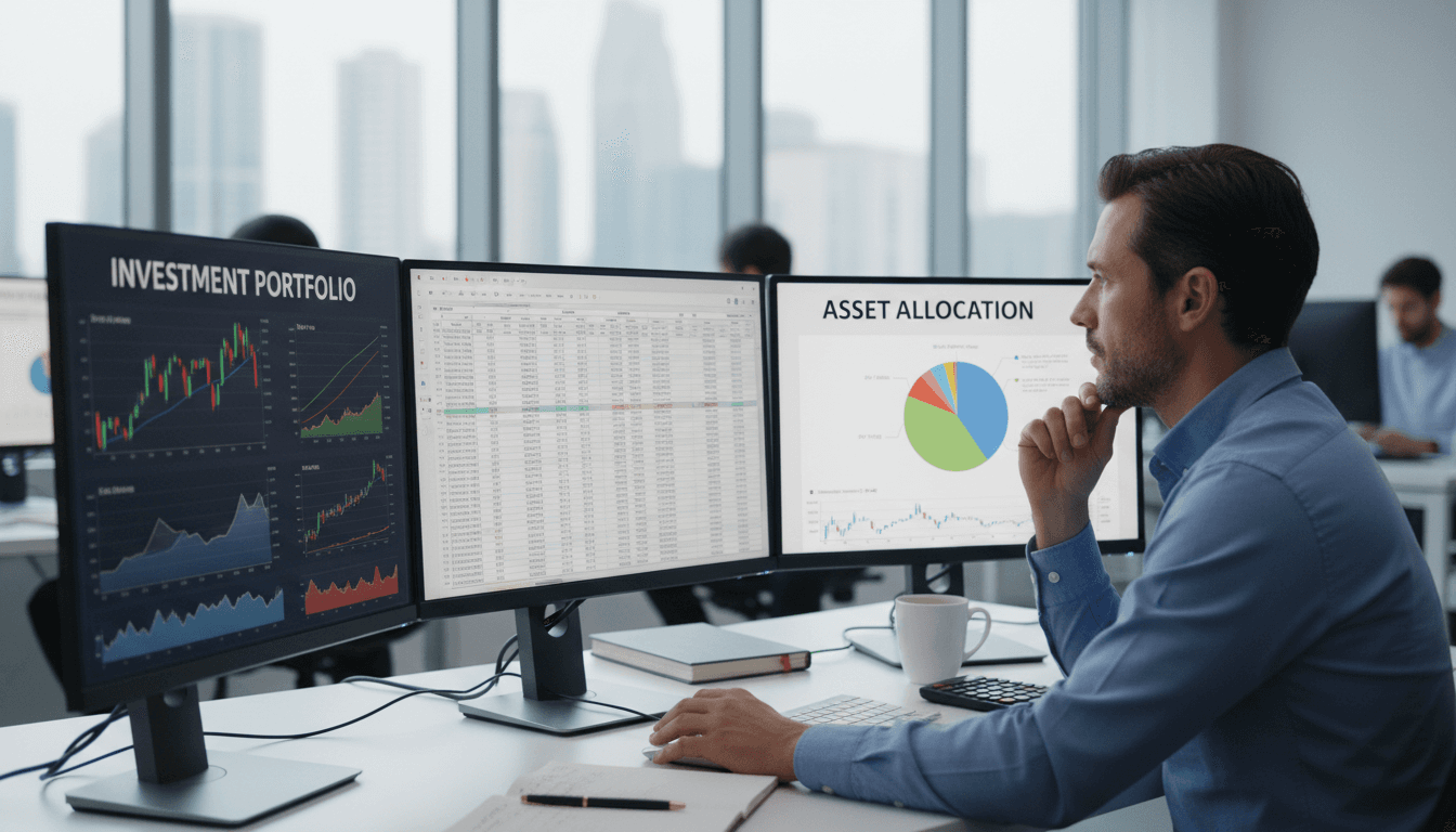Financial analyst examining spreadsheets and investment metrics with charts and graphs on computer