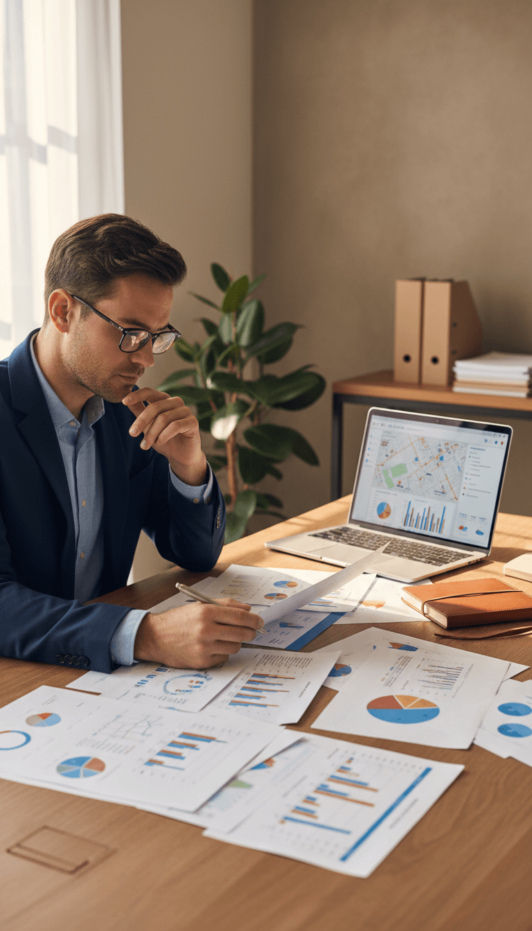 Real estate analyst reviewing investment documents and financial data
