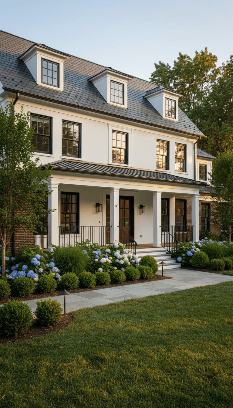 Completed residential home exterior renovation showing new brick, roofing, windows, porch, and landscaping in golden light