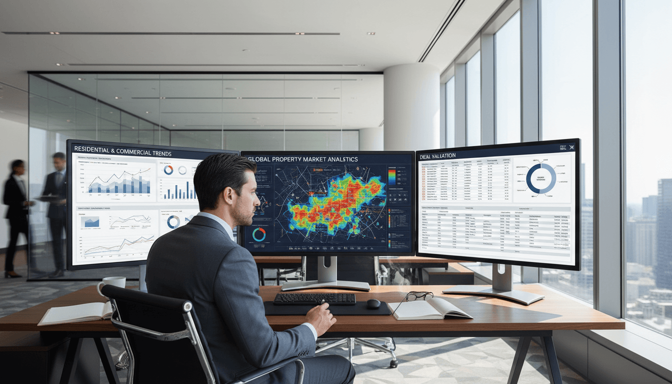 Real estate analyst reviewing market data on digital screens in a modern office